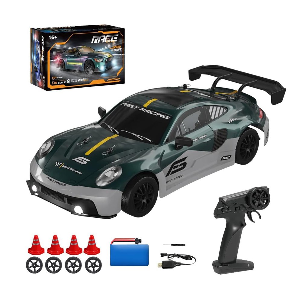 1/16 Scale Mini RC Drift Car for Adults, 2.4G 4WD High-Speed Electric RC Racing Car with LED Lights, Drift Tires & Roadblocks, Ideal Gift for Hobbyist - RTR