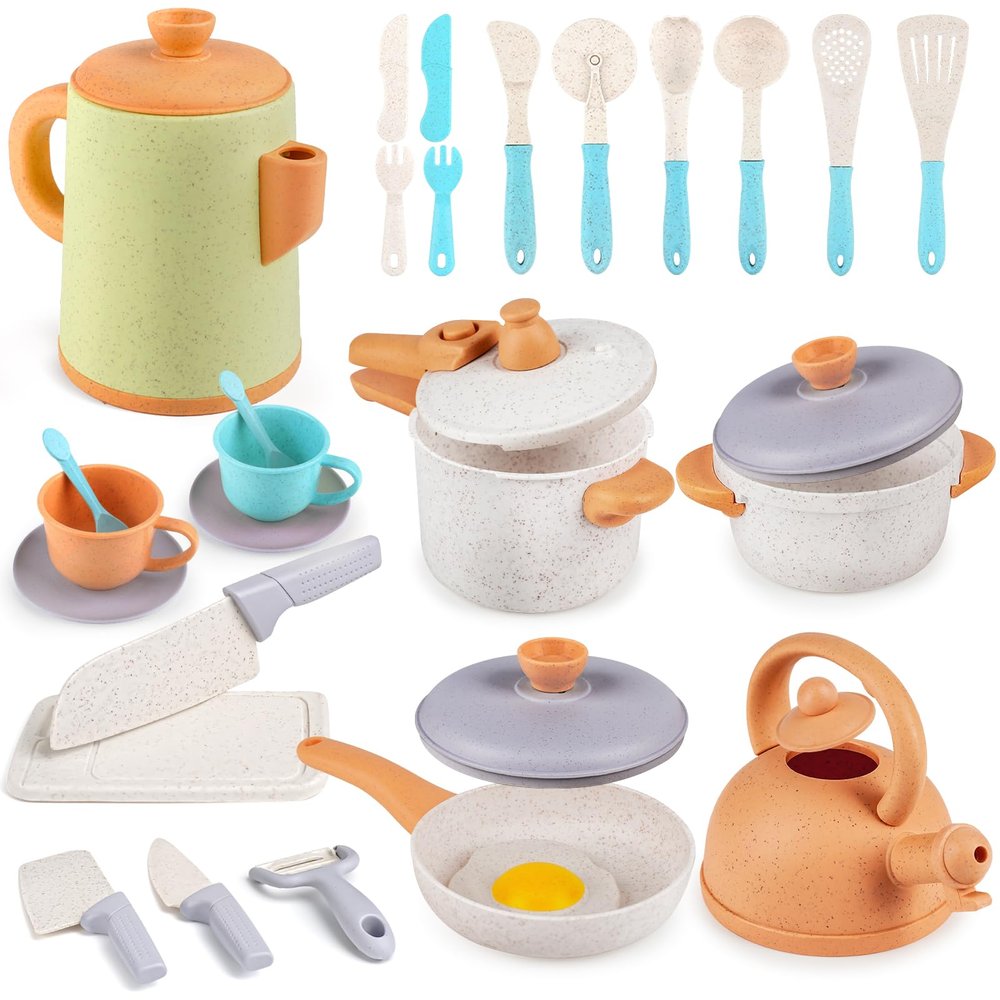 Dreamon Kids Play Kitchen Toys Accessories, Pretend Play Cooking Cookware Pots and Pans Utensils Playset, Kids Kitchen Cooking Toys for Girls Boys Toddler