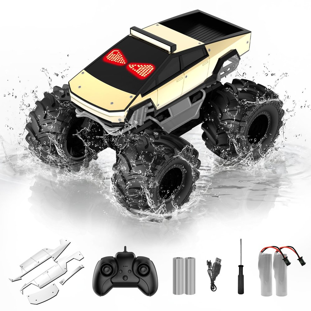 Amphibious Monster Truck with LED Eyes, 1:18 Rechargeable Remote Control Car, 2.4 GHz Waterproof RC Cars Toy Truck, 4WD All Terrain Off-Road Pickup, Toys for 6+ Year Old Kids Christmas Birthday Gifts