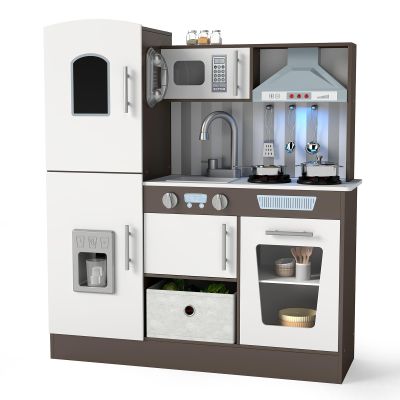 JOYDIAS Wooden Toddler Play Kitchen Set with Realistic Lights & Sounds, Pretend Playset with Microwave, Oven, Ice Dispenser, Sink, Telephone, Chalkboard, and Rich Accessories for Kids Ages 3+