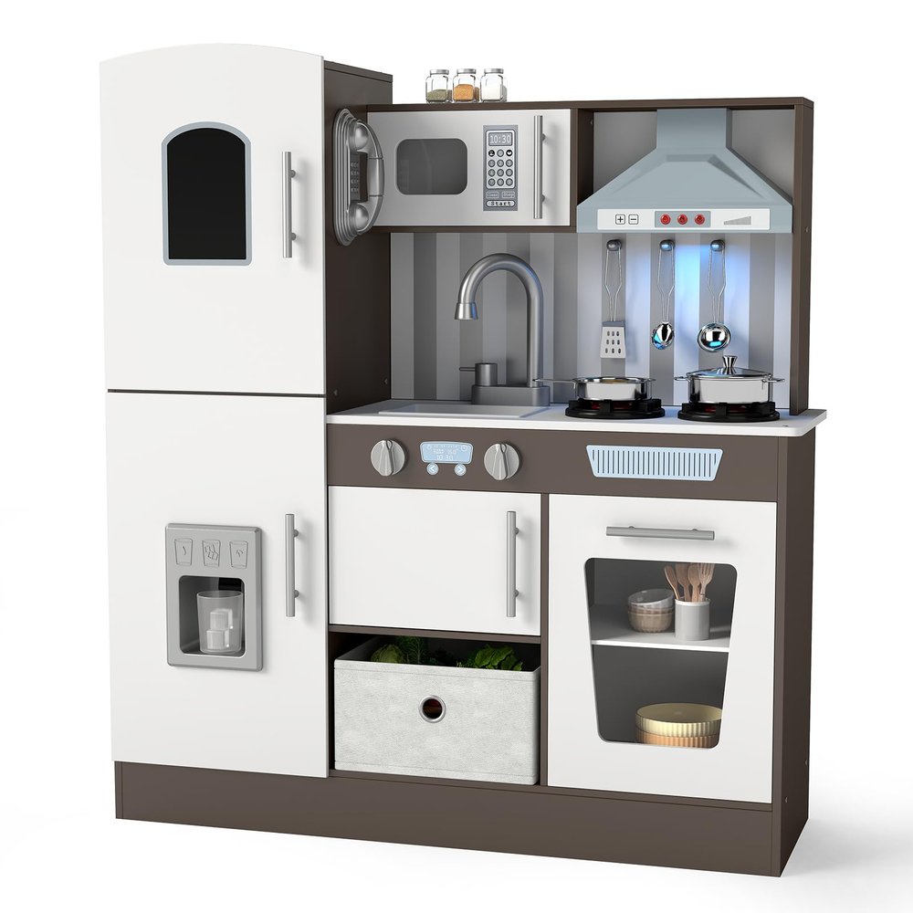 JOYDIAS Wooden Toddler Play Kitchen Set with Realistic Lights & Sounds, Pretend Playset with Microwave, Oven, Ice Dispenser, Sink, Telephone, Chalkboard, and Rich Accessories for Kids Ages 3+