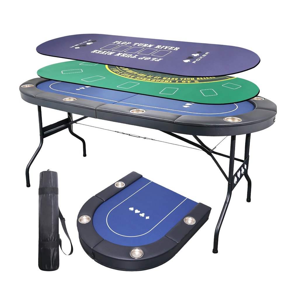 JeeSaleTec Folding Poker Table for Texas Holdem&Blackjack, 8 Players Poker Table with Double-Sided Reversible Poker Mat, 8 Cup Holders and Casino Quality Soft Felt.