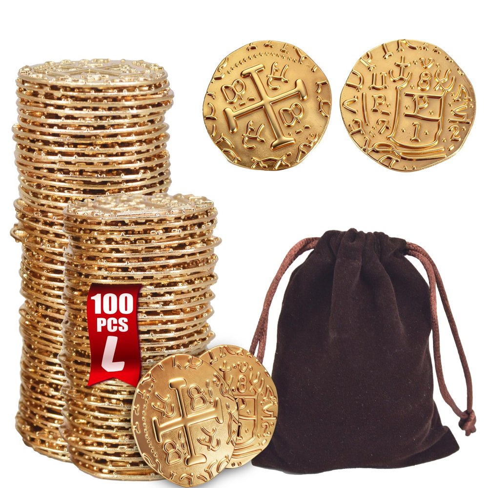 Gold Metal Replica Spanish Coins, Size 1.18" Metal Pirate Doubloons Treasure Coins Set for Board Games, Tokens, Toys, Cosplay Realistic Money Imitation for Treasure Chest (Gold 100pcs)