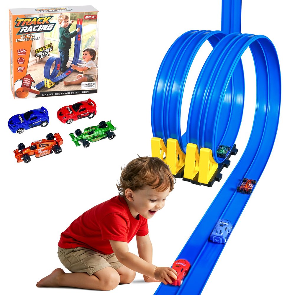 15 Ft Flexible Race Track for Kids 3+, Flexible Car Track Race Car Ramp Track Compatible with Hot Wheels and Diecast 1/64th Cars, Portable Rolls Up Race Tracks with Strong Suction Cups (Blue)