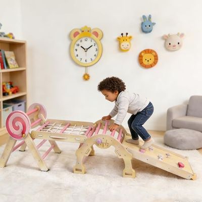 IDEALHOUSE Pikler Triangle Set,7 in 1 Toddler Climbing Triangle Indoor,Foldable Toddler Climbing Toys Indoor 1-3,Pikler Triangle Climbing Toys for 1 Year Old (Pink)
