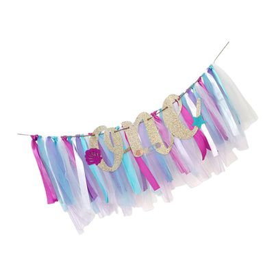 TOBBOMEY High Chair Banner Birthday Party Decoration with Mermaid Pull Flag for 1st Birthday Photo Prop for Shower and Celebration