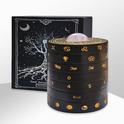 Zhaospacetime Kinetic Tarot Wheel - 7-Layer Wooden Divination Tool with Mechanical Ratchet & Rose Quartz Crystal Top, Perpetual Calendar, Fidget Sculpture & Altar Decor for Modern Mystics
