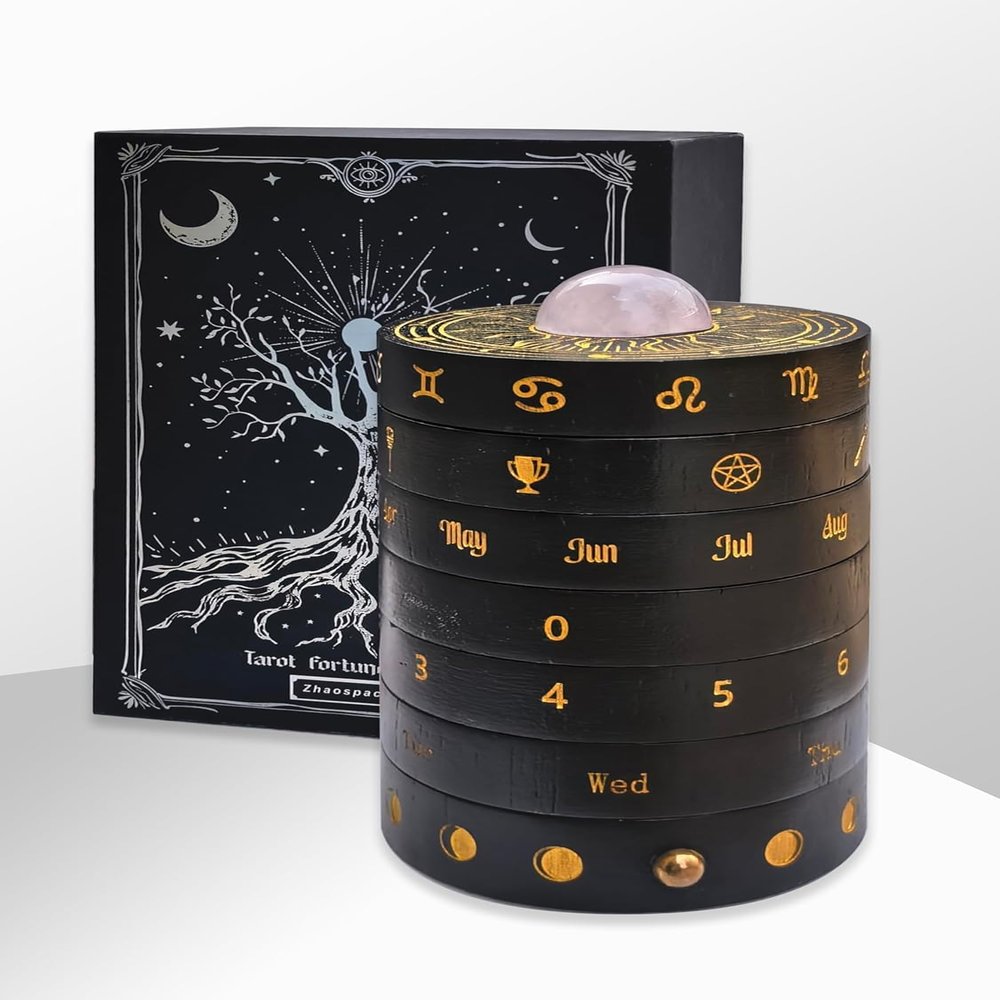 Zhaospacetime Kinetic Tarot Wheel - 7-Layer Wooden Divination Tool with Mechanical Ratchet & Rose Quartz Crystal Top, Perpetual Calendar, Fidget Sculpture & Altar Decor for Modern Mystics