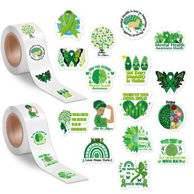 1000 Pcs Mental Health Awareness Stickers Green Ribbon Decal 16 Designs Mental Health Awareness Month Reward Gift Bag Envelopes Water Bottle Scrapbooking Cards