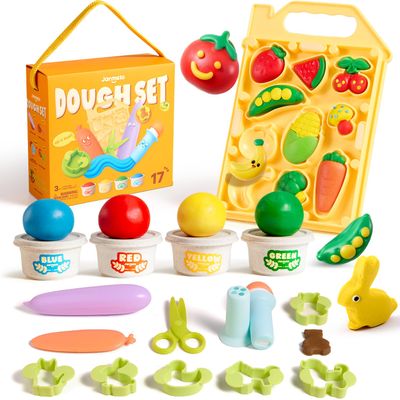 Jar Melo Wheat Modeling Dough Tool Set for Kids Ages 3+, 4 Colors Wheat Dough with 13 Farm Tools, Dough Tools Set with Cutters, Roller, Safety Scissors & Board, Preschool Arts & Crafts Gift