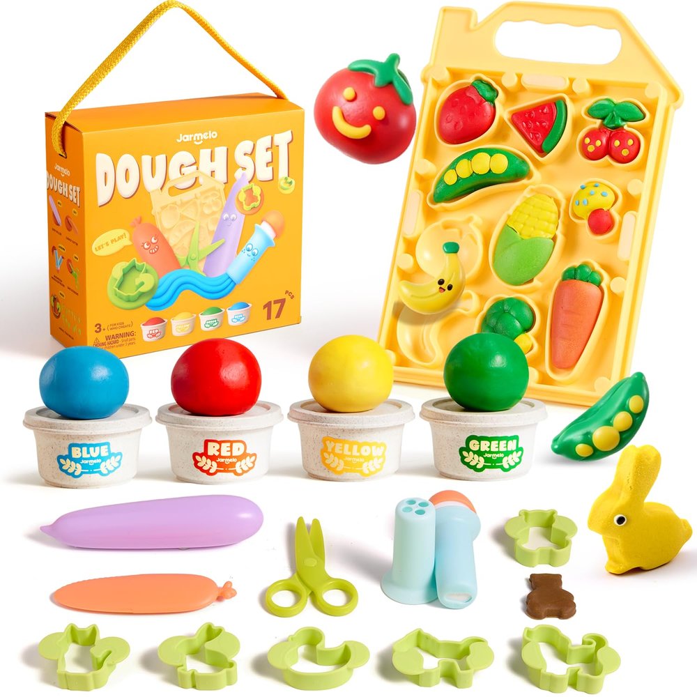 Jar Melo Wheat Modeling Dough Tool Set for Kids Ages 3+, 4 Colors Wheat Dough with 13 Farm Tools, Dough Tools Set with Cutters, Roller, Safety Scissors & Board, Preschool Arts & Crafts Gift