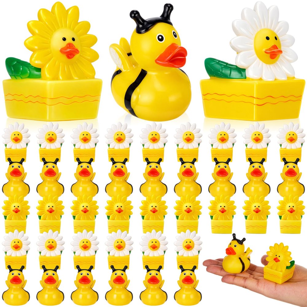24 Pcs Deekin Summer Bee Daisy Rubber Ducks Bulk 2 Inches Honeybee Daisy Party Favors for Dashboard Decorations Hide Cruise Ships Spring Gift Bag Fillings Bee Party Supplies