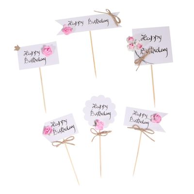 Homoyoyo 12pcs Pink Flower Cake Picks Birthday Cake Decor Sticks for Party Dessert Decoration