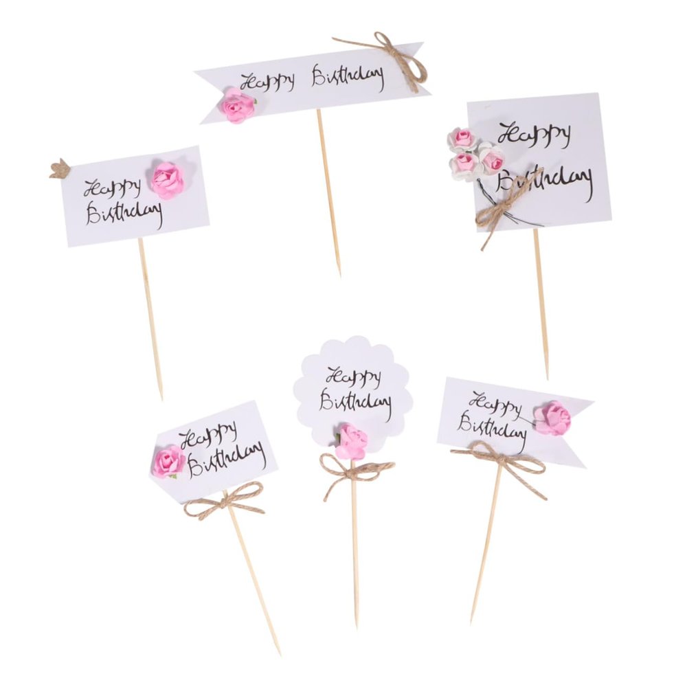 Homoyoyo 12pcs Pink Flower Cake Picks Birthday Cake Decor Sticks for Party Dessert Decoration