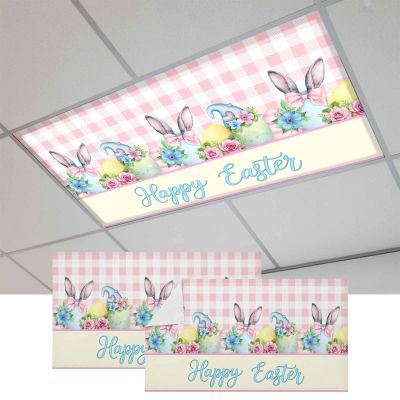 2x4 ft Fluorescent Light Cover for Ceiling Spring Easter Flower Eggs Pink Plaid Magnetic Light Filters, Rabbit Ears Bow Floral Ceiling Lampshades for Home School Office 2Pcs
