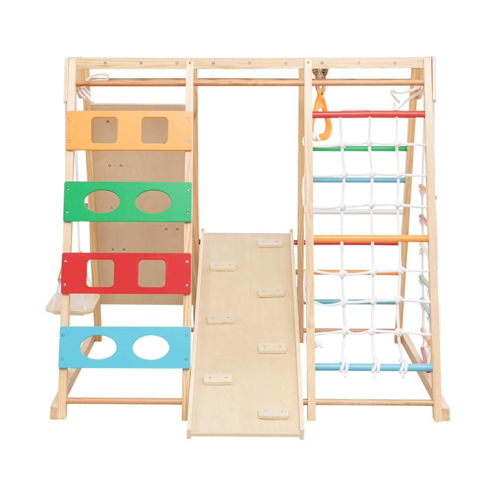 2-in-1 Slide & Climb Playset, 9-in-1 Outdoor Wooden Playground for Kids, Motor Skills Development with Monkey Bar, Swing, Climbing Net, Safe & Fun Backyard Playset