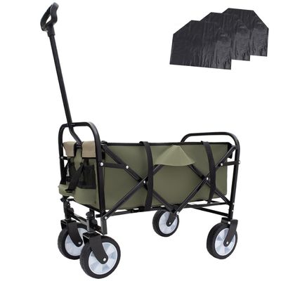 Heavy-Duty Foldable Utility Wagon Cart with Waterproof Liner Set for Gardening, Beach, Grocery, Camping and Outdoor Transport (Green + Steel-1)