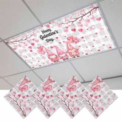 2x4 ft Fluorescent Light Cover for Ceiling Pink Hearts Sweet Gnome Gray Buffalo Magnetic Light Filters, Happy Galentine's Day Ceiling Lampshades for Home School Office 4Pcs