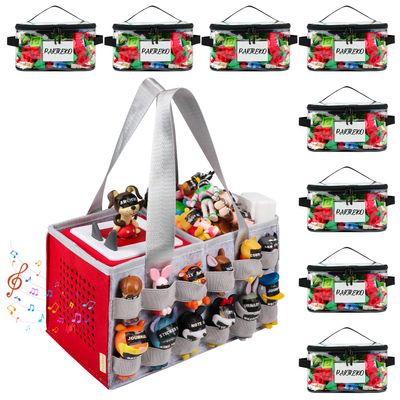 Partreko Carrying Case for Tonies Box with Audio Position, Portable Travel Storage Bag for Tonies Figures with 24 Elastic Strap Gray&Red & 8 Pack Clear Toy Storage Bag with Name Tag& Manual Pocket