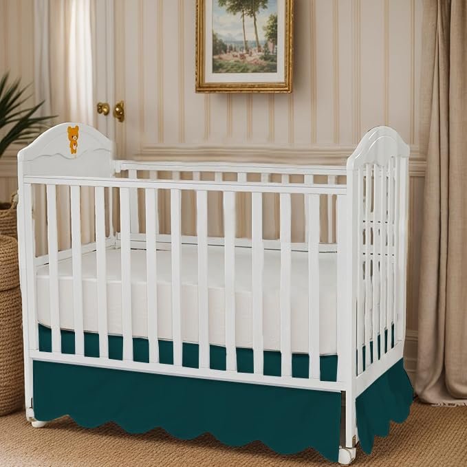 Scalloped Crib Skirt 28"x 52" with 14" Inch Drop Lenght with 4 Split Corners 100% Egyptian Cotton 1000 Thread Count for Baby Boys Girls Toddler Bed Skirt - Teal Solid
