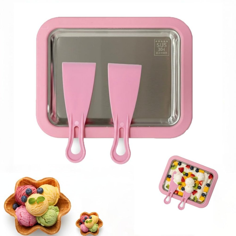 2026 New Rolled Ice Cream Maker, Stainless Steel Rolled Ice Cream Tray with 2 Scrapers, Ice Cream Roller Maker for Family Entertainment, White/Pink/Green DIY Ice Cream Roller for Kids & Teens (Pink)
