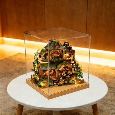 Transparent Acrylic Display Case with Wooden Base, Small Square Acrylic Display Box, UV Protected Alternative Glass Case for Action Figure(Wood,45x45x55cm/18x18x22in)