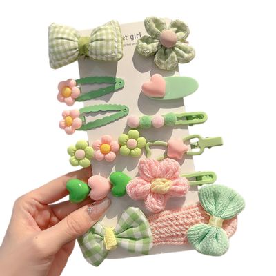 (12 Pcs) Super Cute Lovely Warm Autumn Winter Spring Theme Kid's Hairpin Flower Floral Bear Bowknot Hair Clips Hair Decoration Women Girls Salon Hairstyle Hairdressing Grip -Green