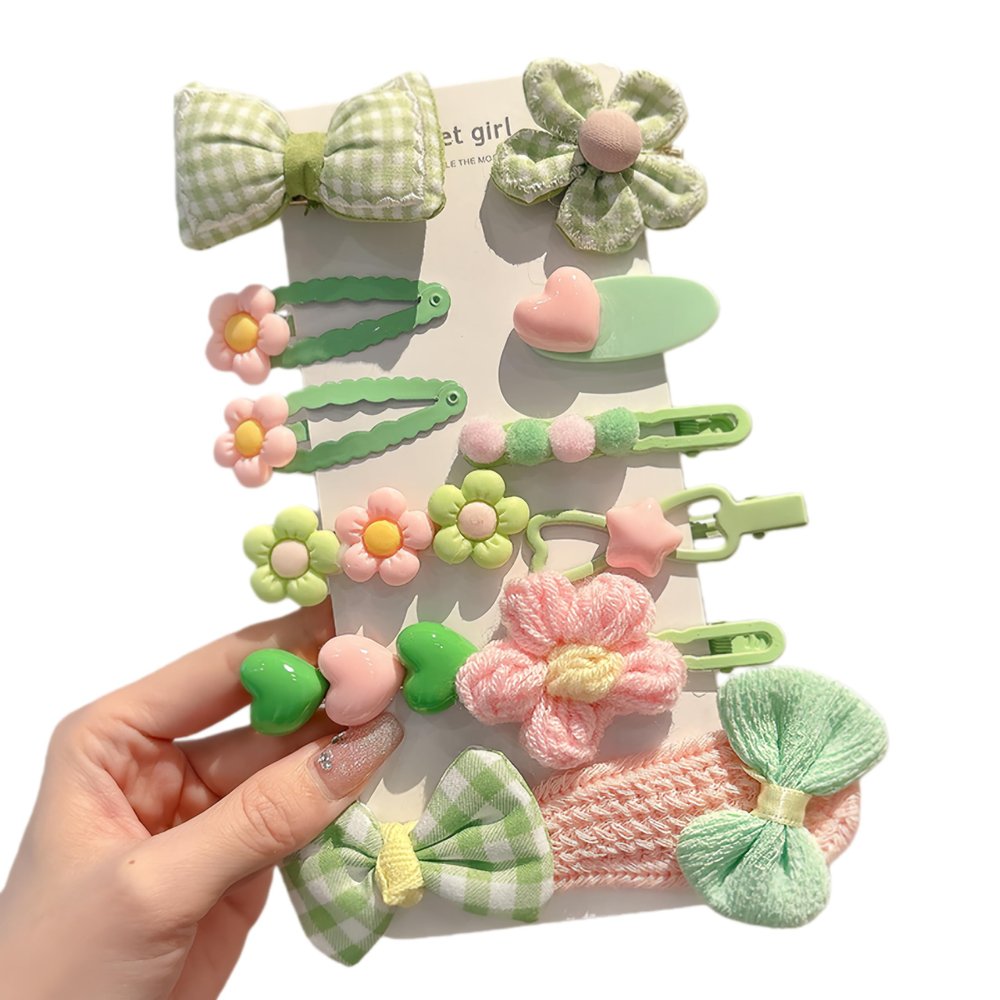 (12 Pcs) Super Cute Lovely Warm Autumn Winter Spring Theme Kid's Hairpin Flower Floral Bear Bowknot Hair Clips Hair Decoration Women Girls Salon Hairstyle Hairdressing Grip -Green