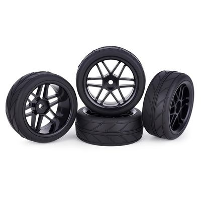 4PCS 1/10 RC Wheels and Tires Set, 65x26mm Pre-Glued RC Racing Tires, 12mm Hex Touring Car Wheels, Compatible with Tamiya TT01 TT02 XV01 XV02 TA06, HPI Kyosho HSP (Tread)