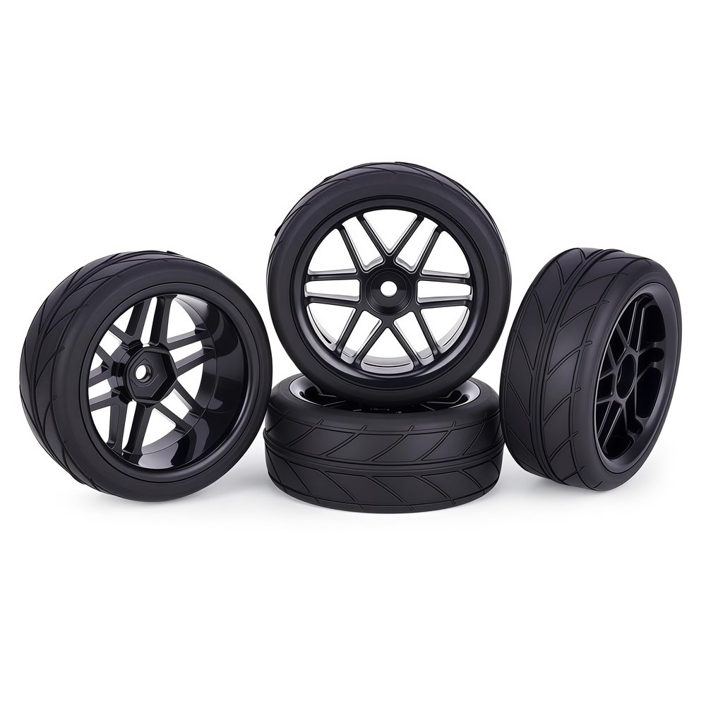 4PCS 1/10 RC Wheels and Tires Set, 65x26mm Pre-Glued RC Racing Tires, 12mm Hex Touring Car Wheels, Compatible with Tamiya TT01 TT02 XV01 XV02 TA06, HPI Kyosho HSP (Tread)