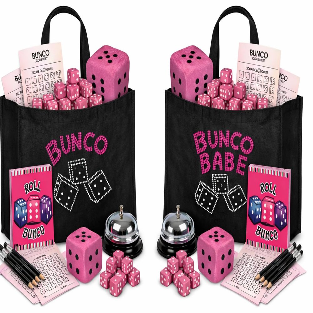 Bunco + Bunco Babe Double Game Kit Two Complete Bunco Sets for Larger Groups (Up to 24 Players), Co-Hosts & Multi-Table Bunco Nights | Includes Tote Bags, Dice, Bells, Score Sheets & Pencils