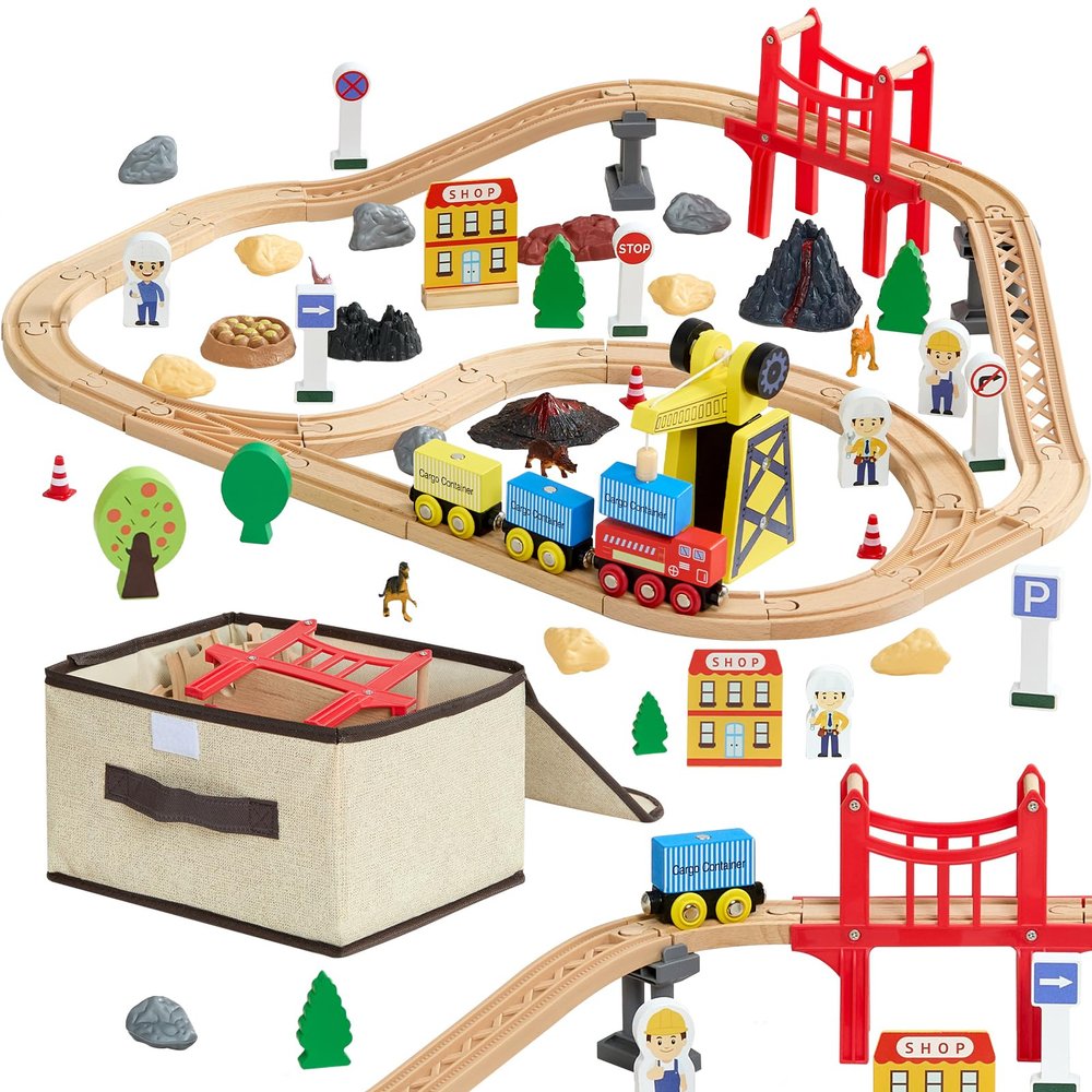 VEVOR 70PCS Wooden Train Set, with Magnetic Crane, Wood Train Track Toy for Kids Ages 3-8, Construction Crane Railway Set, Compatible with Major Brands, Christmas Birthday Toy for Toddlers Boys Girls