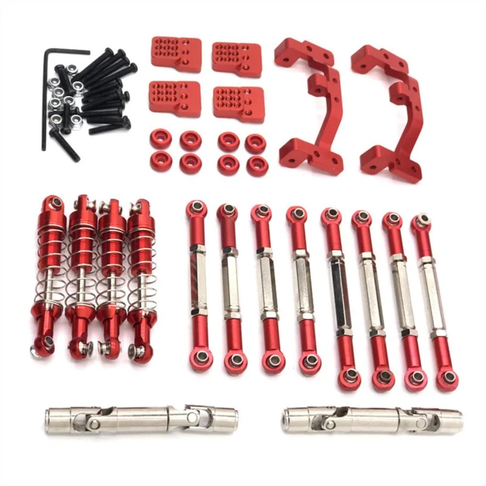 RC Car Models Parts For WPL C14 C24 1/16 For Feiyu FY003-5A Metal Tie Rods Drive Shafts Shock Absorbers RC Car Upgrade Parts Modified Accessories(Red)