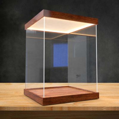 30mm Wood Base Lighted Display Case, Assemble Clear Acrylic Display Box for Figures Doll Collectibles Trophy, Dust Proof Showcase Organizer Boxes(35x35x35cm(14x14x14in))