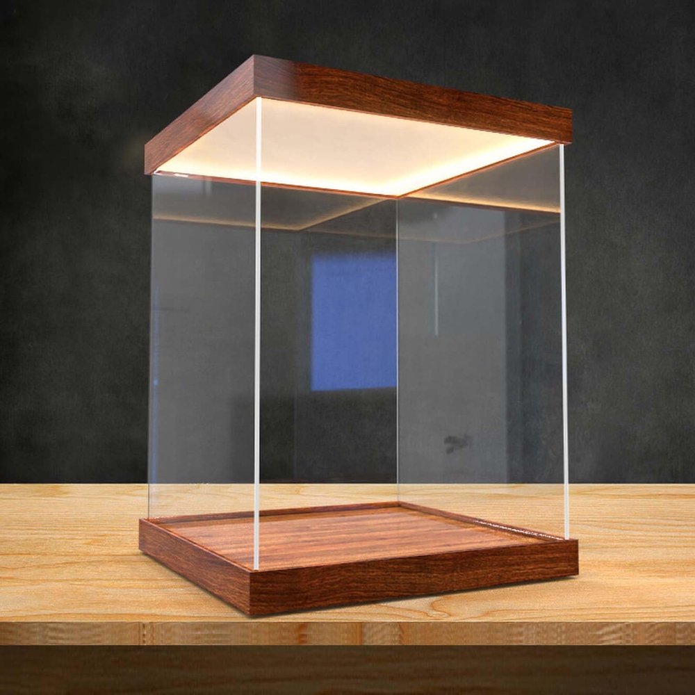 30mm Wood Base Lighted Display Case, Assemble Clear Acrylic Display Box for Figures Doll Collectibles Trophy, Dust Proof Showcase Organizer Boxes(35x35x35cm(14x14x14in))