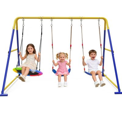 3-in-1 Swing Set for Backyard for Kids, with 1 Saucer Swing, 2 Belt Swing, 600lbs Metal Swing Set for Toddler, Heavy-Duty Swing Stand w/8 Ground Stakes, Outdoor Swingset for Kids Adults (Blue)