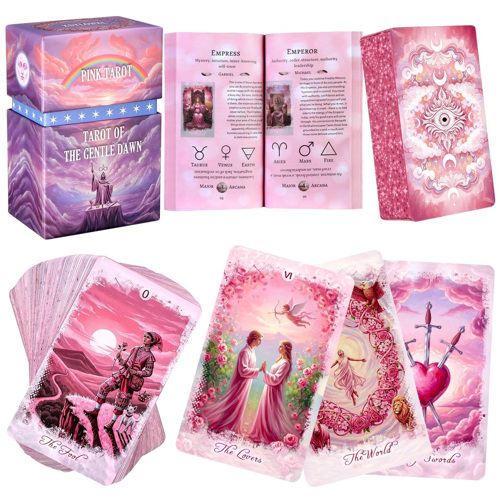 XSYLOHXL Oil Painting Pink Tarot Cards with Unique Foil Edge and Guide Book Original Guided Tarot Deck for Beginner and Experts Reading for Love Career Self-Care Etc Pretty Box Included