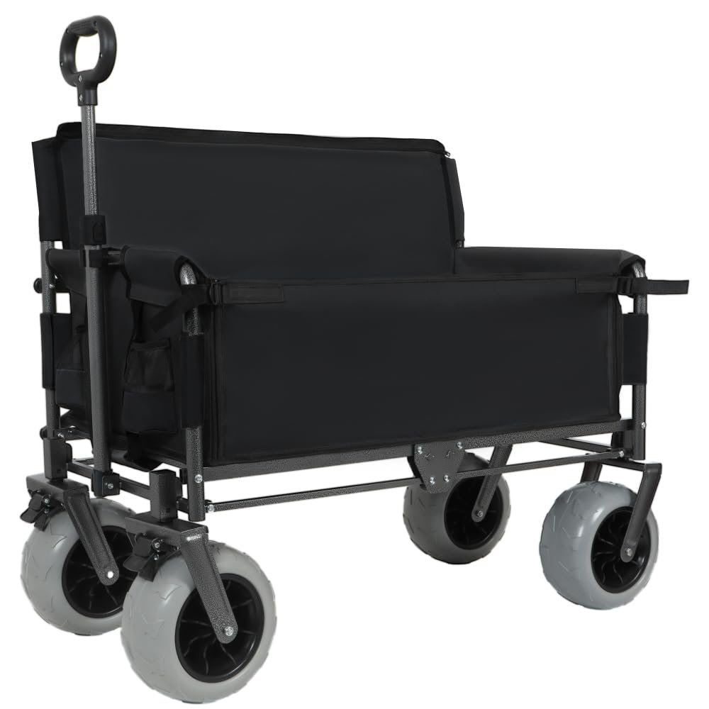Versatile Folding Wagon with Bench Seat Heavy-Duty Steel Frame, All-Terrain Wheels, Spacious Cargo Area for Outdoor Activities (Black + Steel)