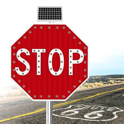 30" LED Solar Traffic Sign, Lighted Stop Sign with Flashing Warning Lights, 24"x24" & 30"x30" Illuminated Road Safety Sign for High Visibility & Outdoor Use