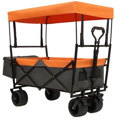 Heavy-Duty Collapsible Wagon with Removable Canopy and All-Terrain Wheels for Camping, Shopping, Gardening, and Outdoor Transport (Orange + Steel)