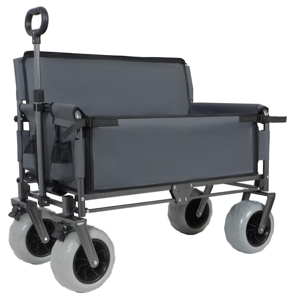 Versatile Folding Wagon with Bench Seat Heavy-Duty Steel Frame, All-Terrain Wheels, Spacious Cargo Area for Outdoor Activities (Gray + Steel)