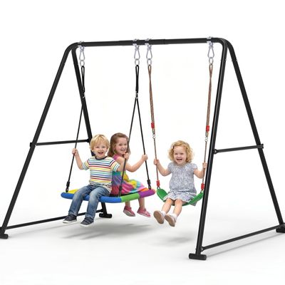 2-in-1 Swing Set for Backyard for Kids, with 1 Platform Swing, 1 Belt Swing, 440lbs Metal Swing Set for Toddler, Heavy-Duty Swing Stand w/8 Ground Stakes, Outdoor Swingset for Kids Adults (Black)