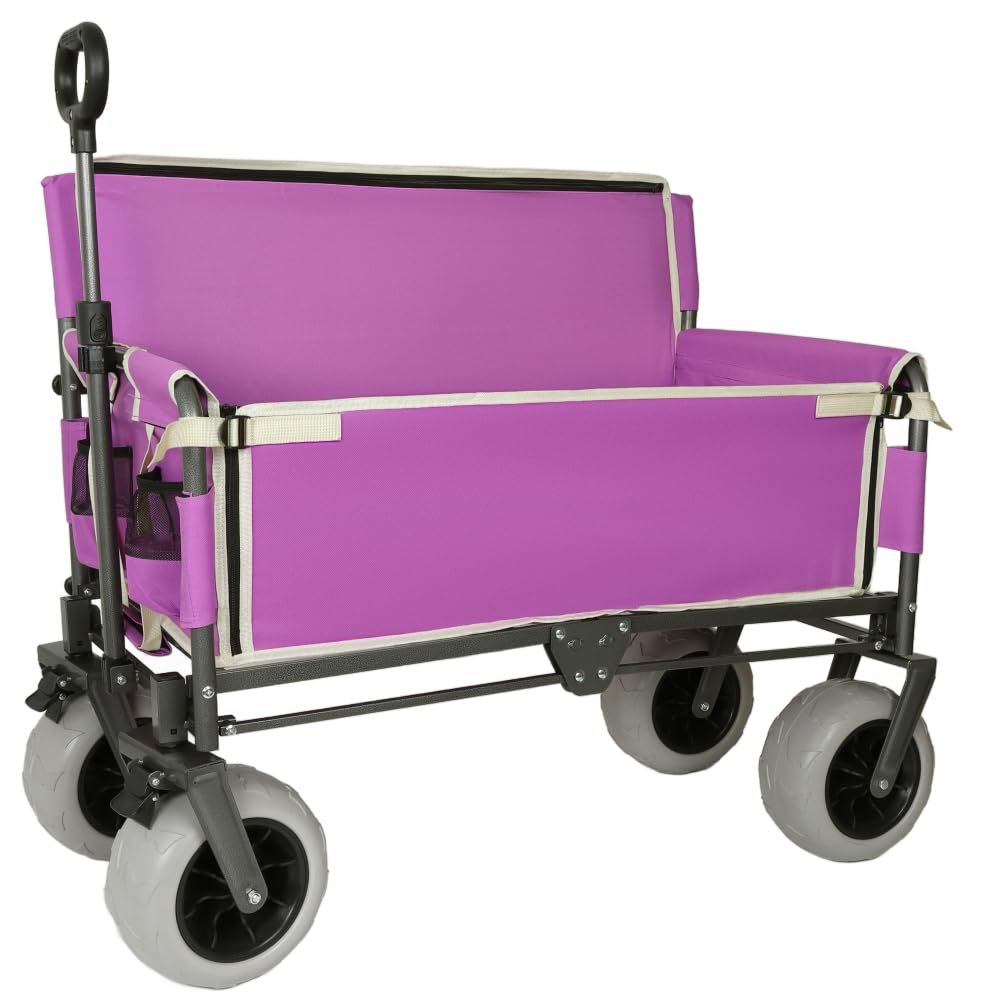 Versatile Folding Wagon with Bench Seat Heavy-Duty Steel Frame, All-Terrain Wheels, Spacious Cargo Area for Outdoor Activities (Purple + Steel)