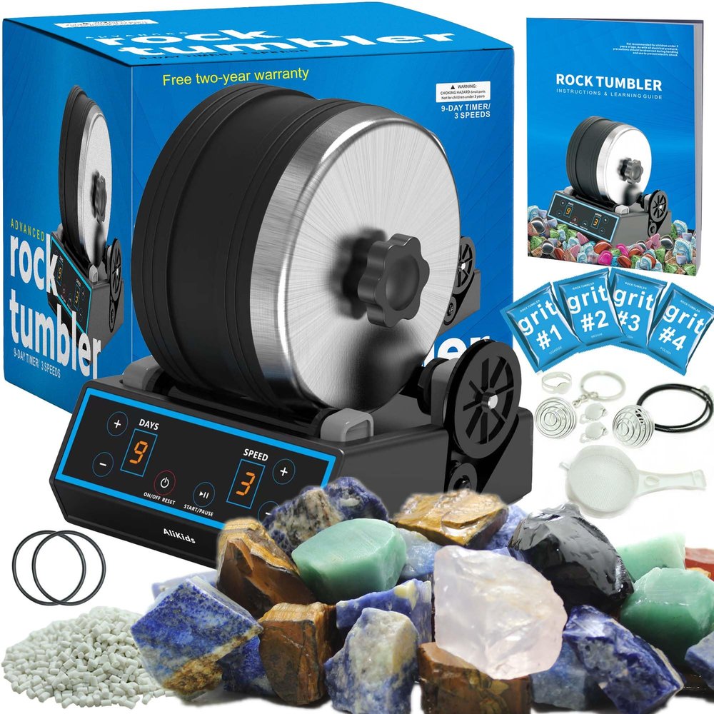 3.6LB Professional Rock Tumbler Kit with 10 Belts, 3 Speed Settings & Digital 9-Day Timer, Rough Gemstones, 4 Polishing Grits