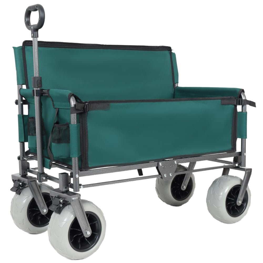 Versatile Folding Wagon with Bench Seat Heavy-Duty Steel Frame, All-Terrain Wheels, Spacious Cargo Area for Outdoor Activities (Green + Steel)