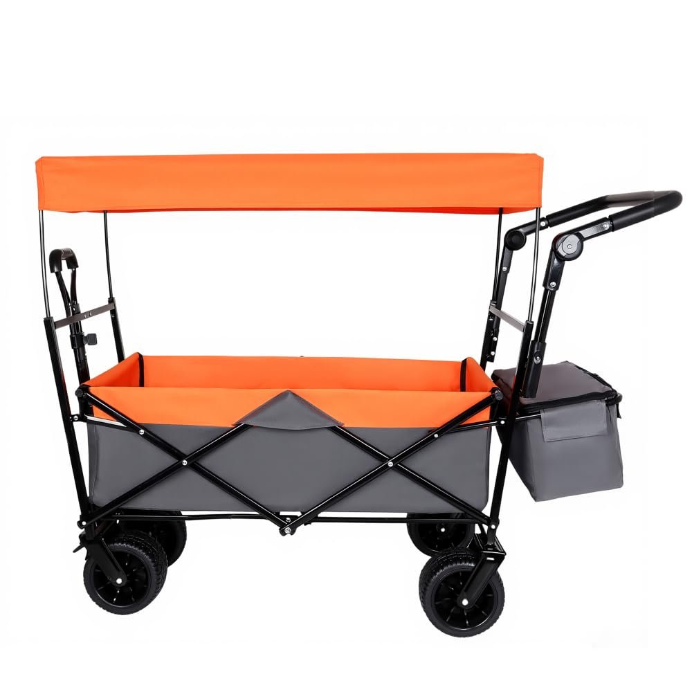 Heavy-Duty Foldable Wagon with All-Terrain Wheels, Adjustable Push-Pull Handle, Removable Canopy, Large Capacity for Camping, Garden, Shopping and Outdoor Use (Orange + Steel)