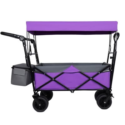 Heavy-Duty Foldable Wagon with All-Terrain Wheels, Adjustable Push-Pull Handle, Removable Canopy, Large Capacity for Camping, Garden, Shopping and Outdoor Use (Purple + Steel)