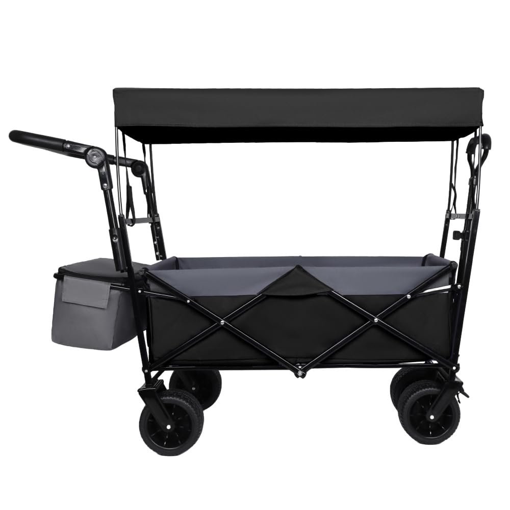 Heavy-Duty Foldable Wagon with All-Terrain Wheels, Push-Pull Handle, Removable Canopy, Large Capacity for Camping, Garden, Shopping & Outdoor Use (Black + Steel)