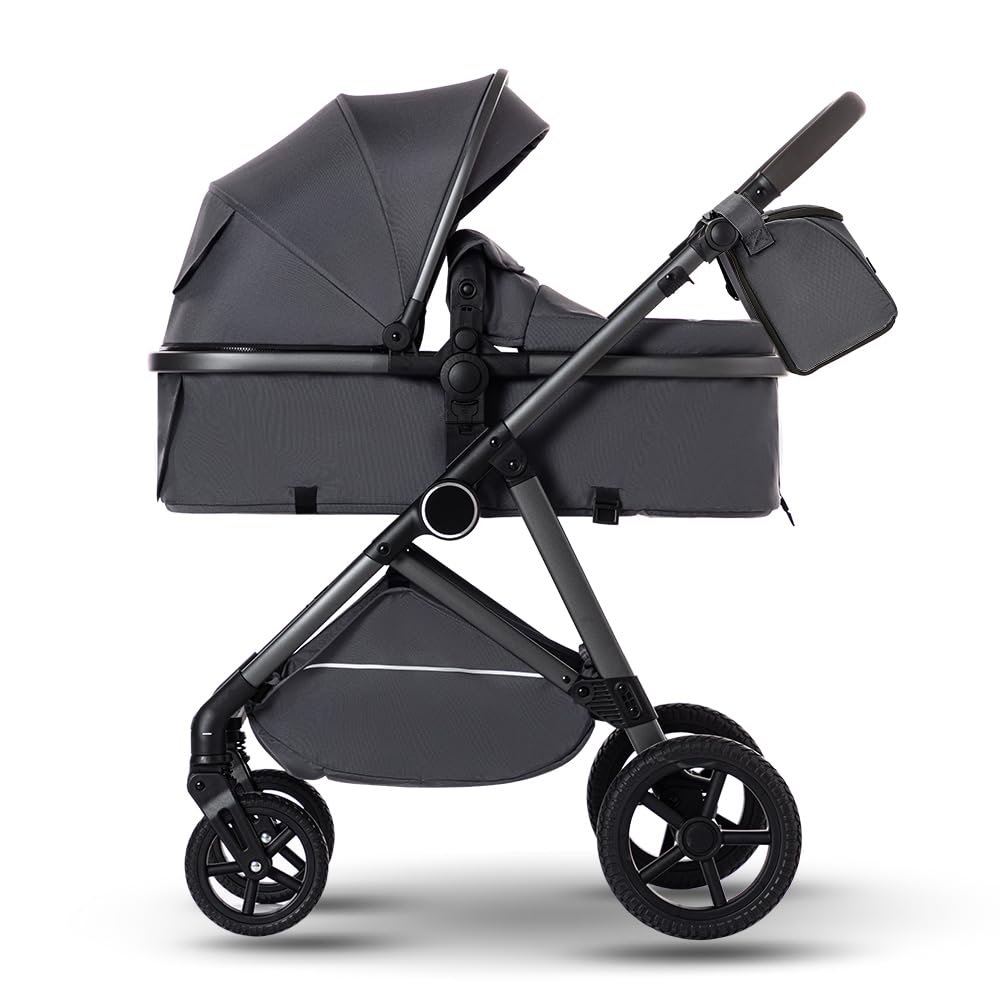 2 in 1 Baby Stroller, High Landscape Infant Stroller Pram Foldable Pushchair with Adjustable Canopy, Storage Basket, Suspension Wheels,5-Point Harness,Mom Bags (Gray Tube Gray)