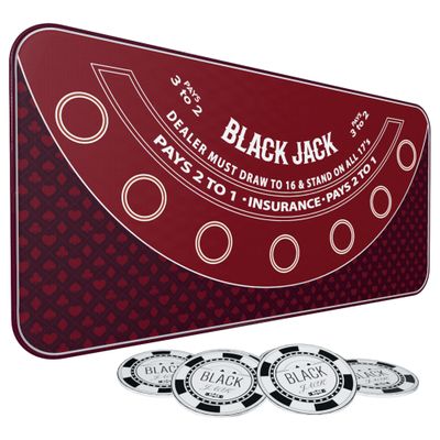 iEsstros 70" x 35" Blackjack Mat Blackjack Table Top Mat 21 Black Jack Mat for Casino Table Rubber Poker Mat with Storage Bag 6 Coasters for Casino Games -Red